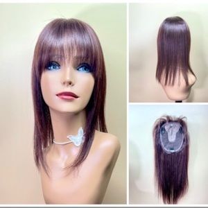 16“ Dark reddish brown 100% human hair lace base hair topper hairpiece wig